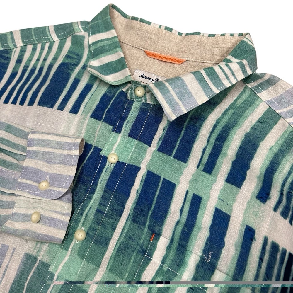 Tommy Bahama Linen Button Up Shirt Mens XL Blue Geometric Colorful Long Sleeve